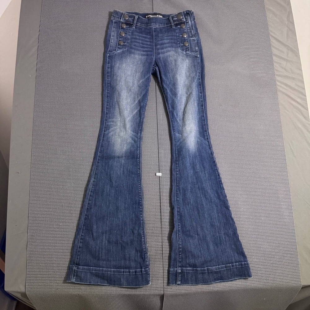 Express Mid Rise Sailor Button Bell Flare Jeans Women's 2 Regular
